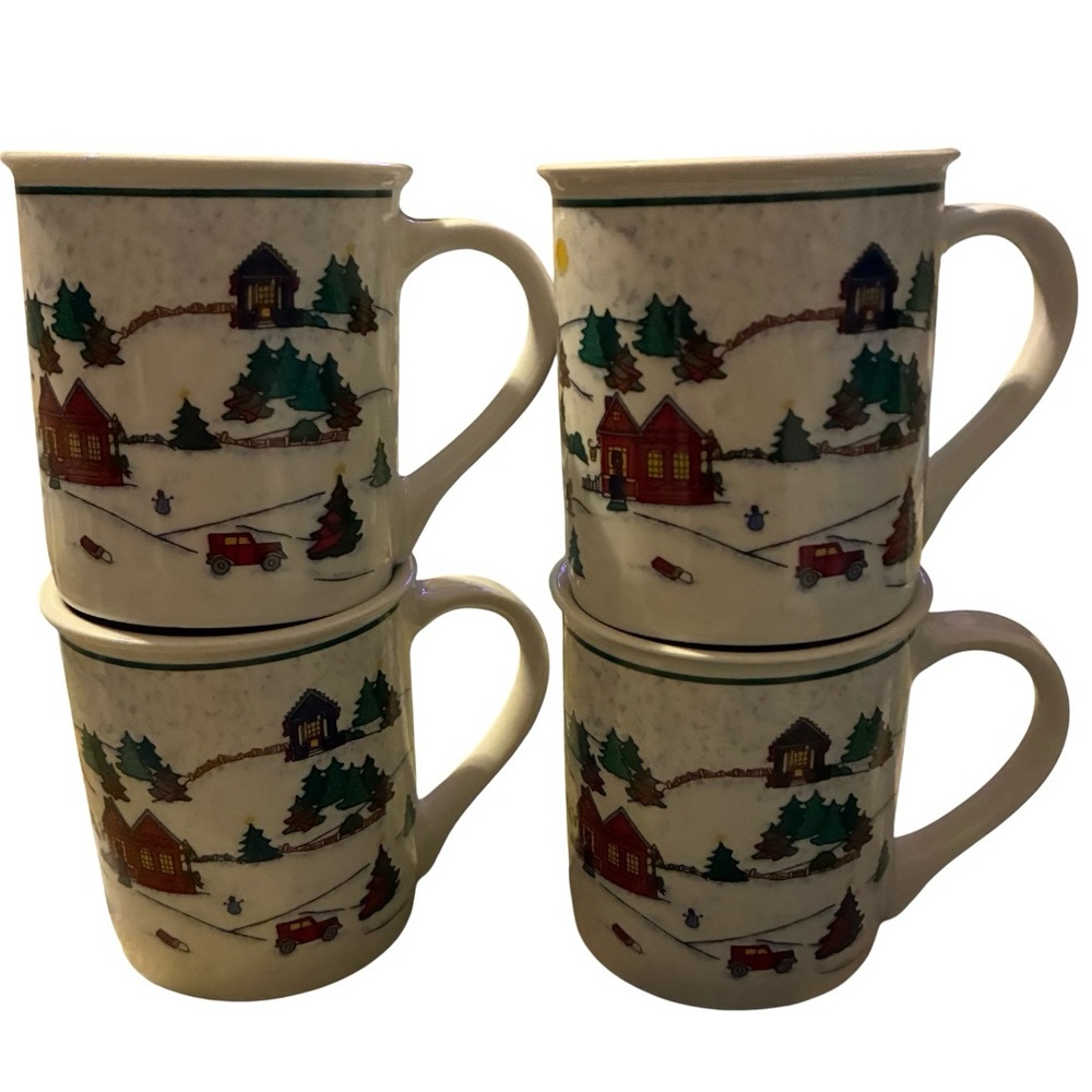 Cooks Club Falls Church Christmas Mugs in Original Box Winter Town Scenes 4 Mugs